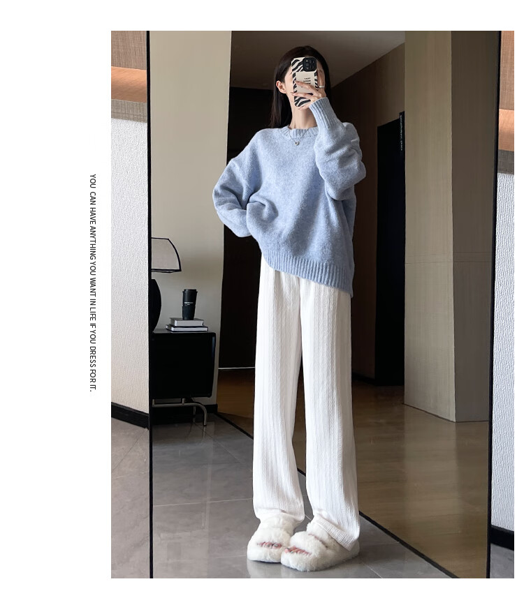 JEANSWEST Women's Casual Pants Autumn High Waist Loose Fit Straight Leg Wheat Ear Pattern European Cotton Velvet Wide Leg Pants Black XL 4