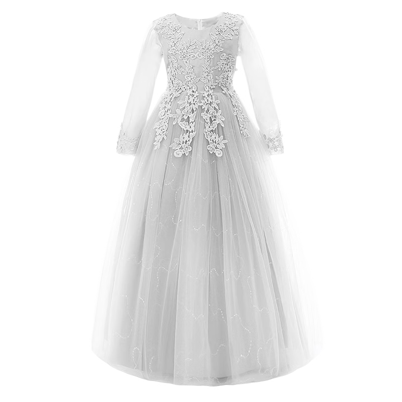 Carfit Girl's Princess Long Dress Birthday Party Piano Performance Dress 130 White