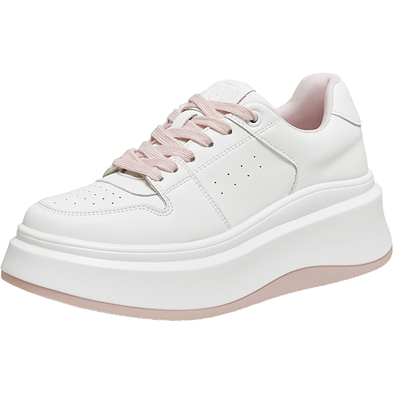 TATA Little White Whale Thick Sole Casual Platform Student Sneakers White (Pink Laces) AM6 36