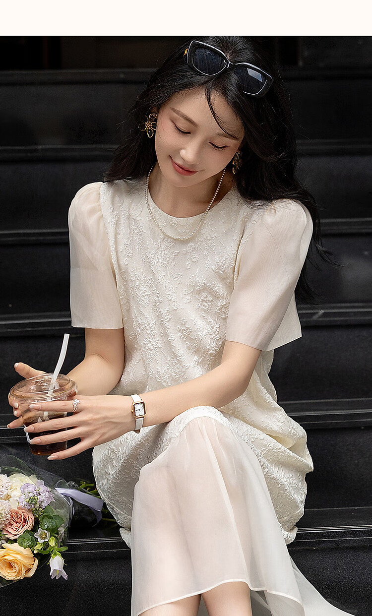 Dme [Open Lady's Daily Wear] Summer Round Neck Elegant Jacquard Patchwork Puff Sleeve Straight Bodycon Dress 16
