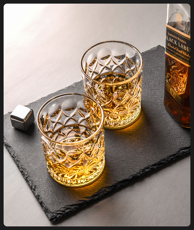 CLITON Thickened Vintage European Style Glass Whiskey Tumblers with Ice Flower Design, Set of 2 4