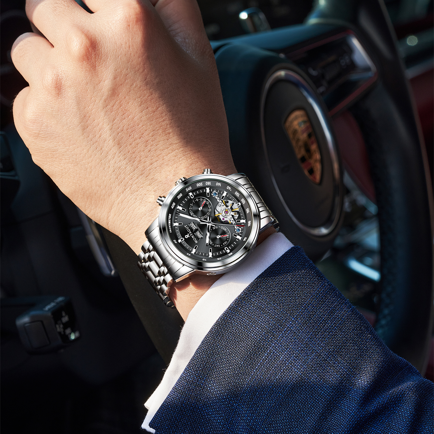 MONTAGUT Men's Skeleton Automatic Mechanical Watch Business Casual Multifunctional Men's Watch Spring Festival Gift