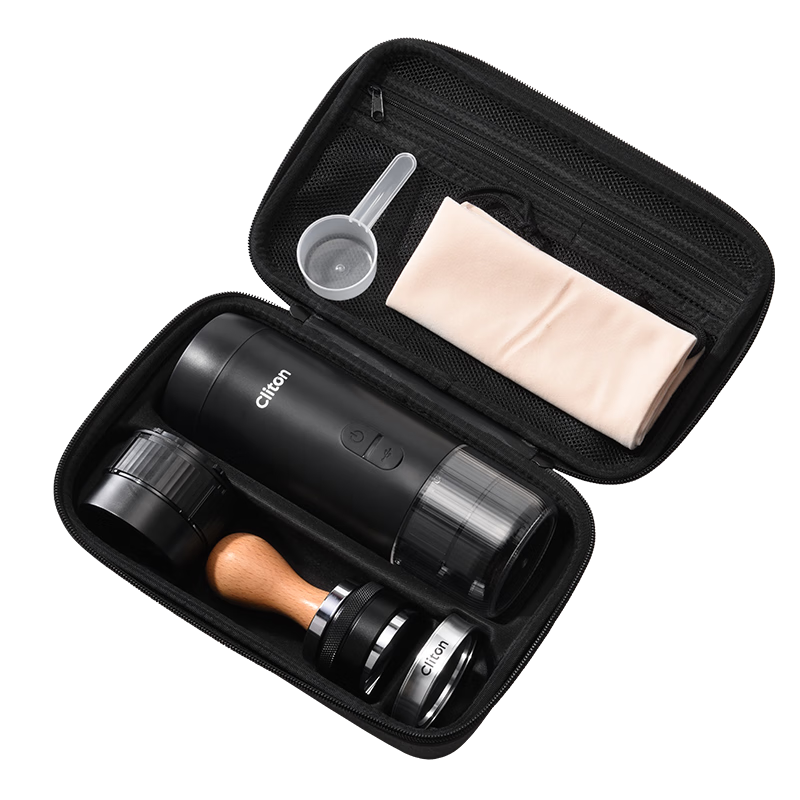 CLITON Portable Handheld Semi-Automatic Espresso Coffee Machine with Tamper and Powder Distributor Camping Storage Set