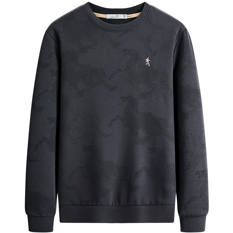 DANCING WOLVES Fleece-Lined Heat-Retaining & Antibacterial National Trend Print Versatile Crew Neck Sweatshirt for Men 015 Dark Gray XL