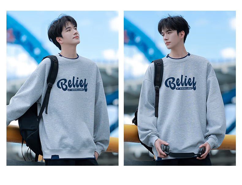Huili Men's Sweatshirt, Autumn Letter Print Long-Sleeve T-Shirt, Loose-Fitting Undershirt, Casual Trendy Top for Men, Apricot Color, Size M 18
