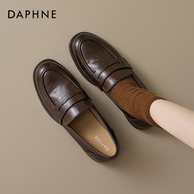 DAPHNE British Style Black Leather Shoes for Women, 2026 New Summer Thick Mid-Heel Loafers, Commuter Work Slip-On Flats