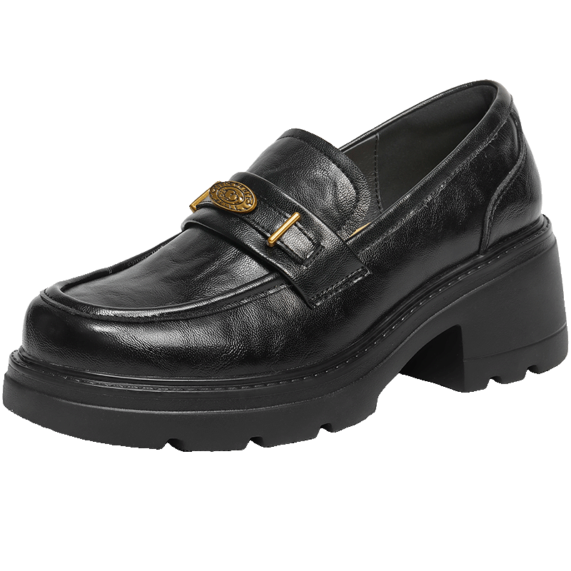 Belle Women's Loafers British Style Small Leather Shoes Autumn 2025 Commuter Flats JD007CM5 Black-Gold Coin Style Size 37