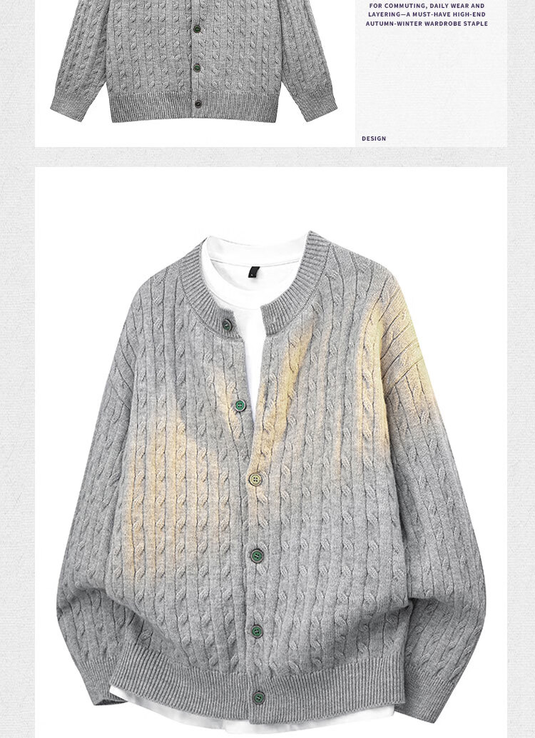 Dingfengbaoluo Cardigan Sweater Round Neck Autumn Winter Premium Button Long Sleeve Knit Jacket XJE10 Cedar Gray L 3