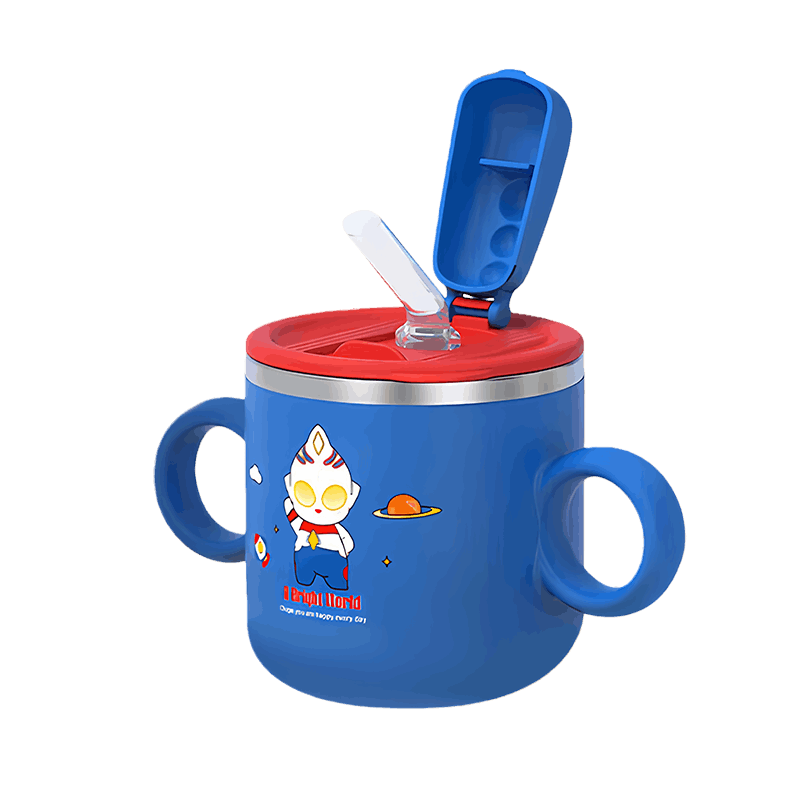 Baoshi Children's Water Bottle with Straw, Learning to Drink, 316 Stainless Steel Inner Liner, Double-Handled Thickened Open-Mouth Milk Cup, 250ml, Cartoon Blue