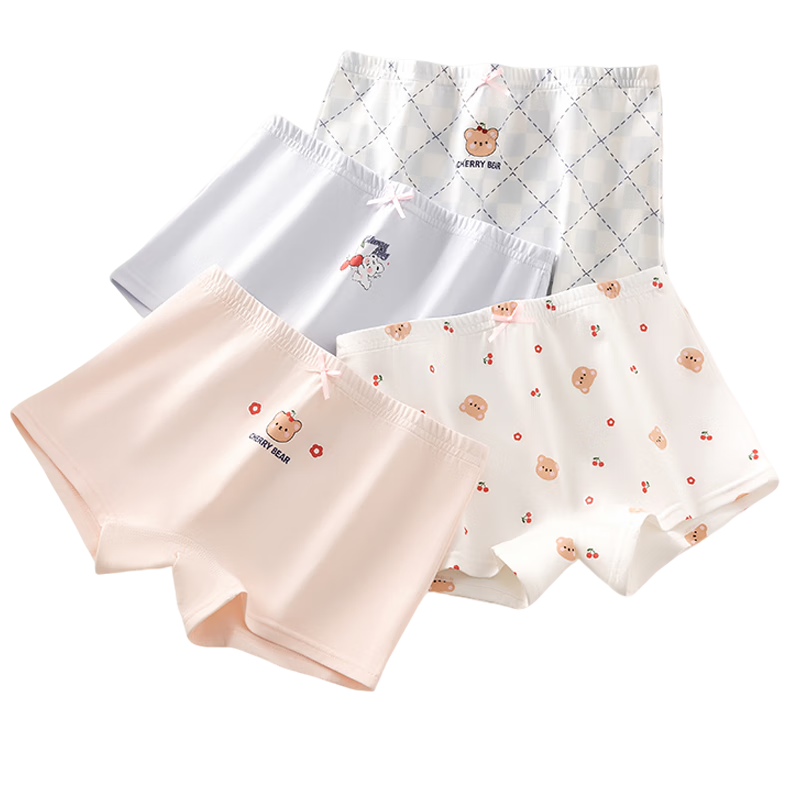 Hodo Children's Underwear Girls' Mid-to-Large Size Cotton Antibacterial Crotch Boxer Briefs 4-Pack Plaid Bear 140