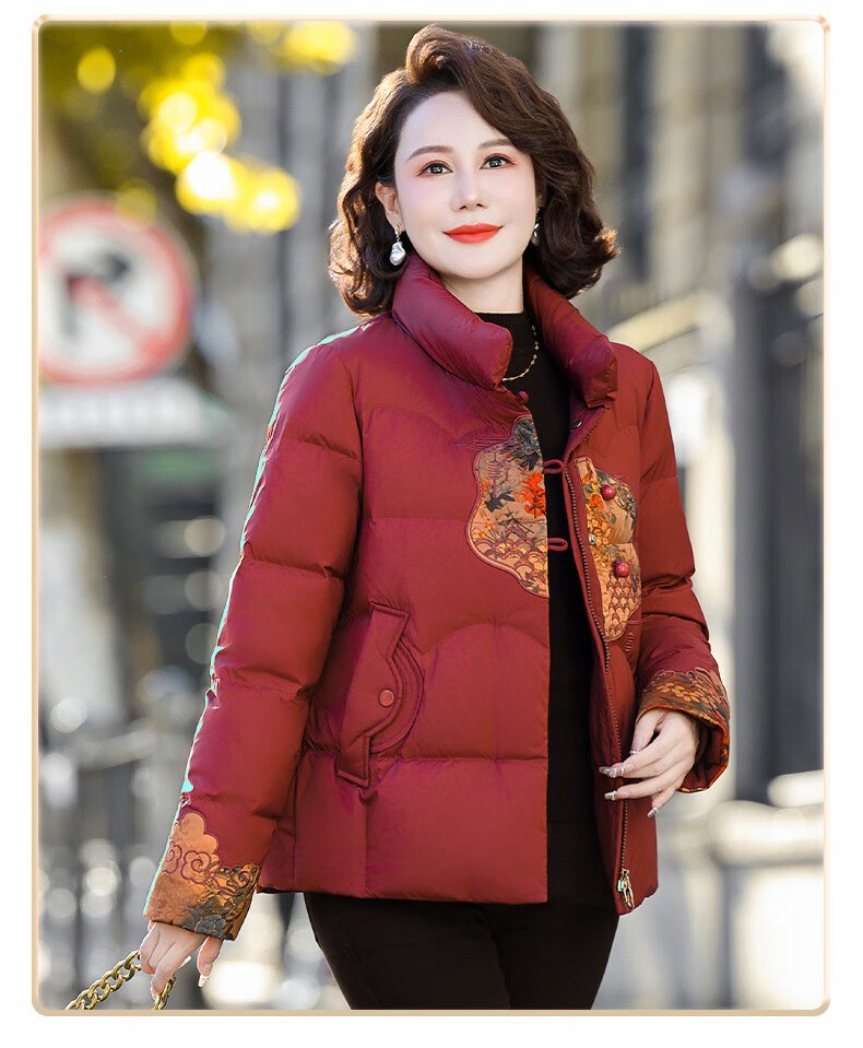 SNOWFLYING Women's Short Down Jacket 2025 Winter Loose Warm Stand Collar 90% Down Coat Mom Style Dark Red L 10