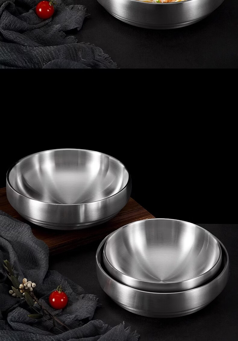 Caitang Thickened Stainless Steel Korean Cold Noodle Bowl Double-Layer Anti-Scald Korean Bibimbap Soup Bowl Gold 21cm Jingcang 13