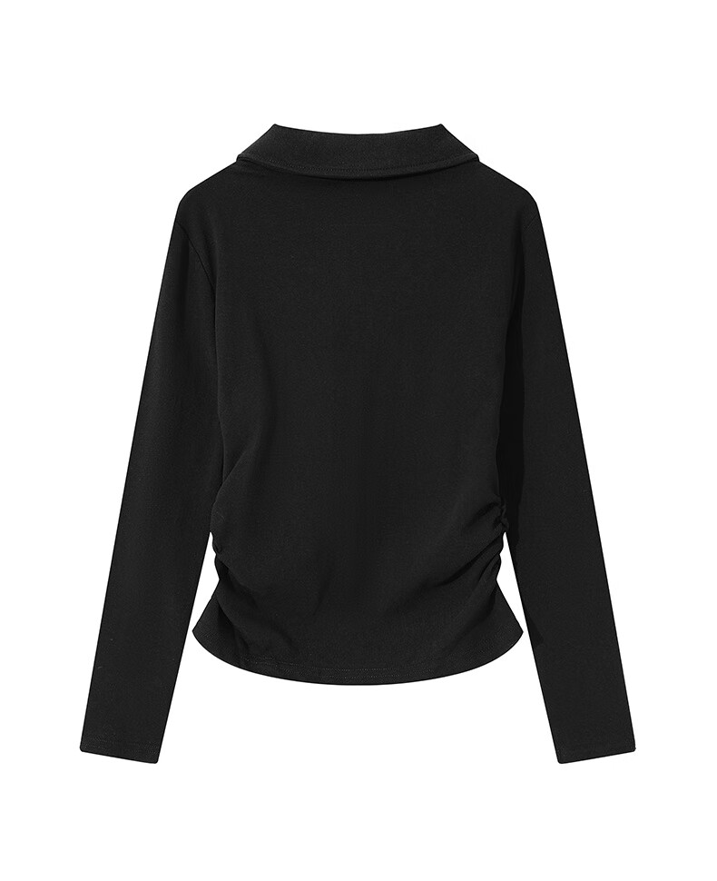 :CHOCOOLATE IT Lapel Shoulder Long Sleeve T-Shirt Women Short Pleated Waist Summer New Base Shirt Top White L 29