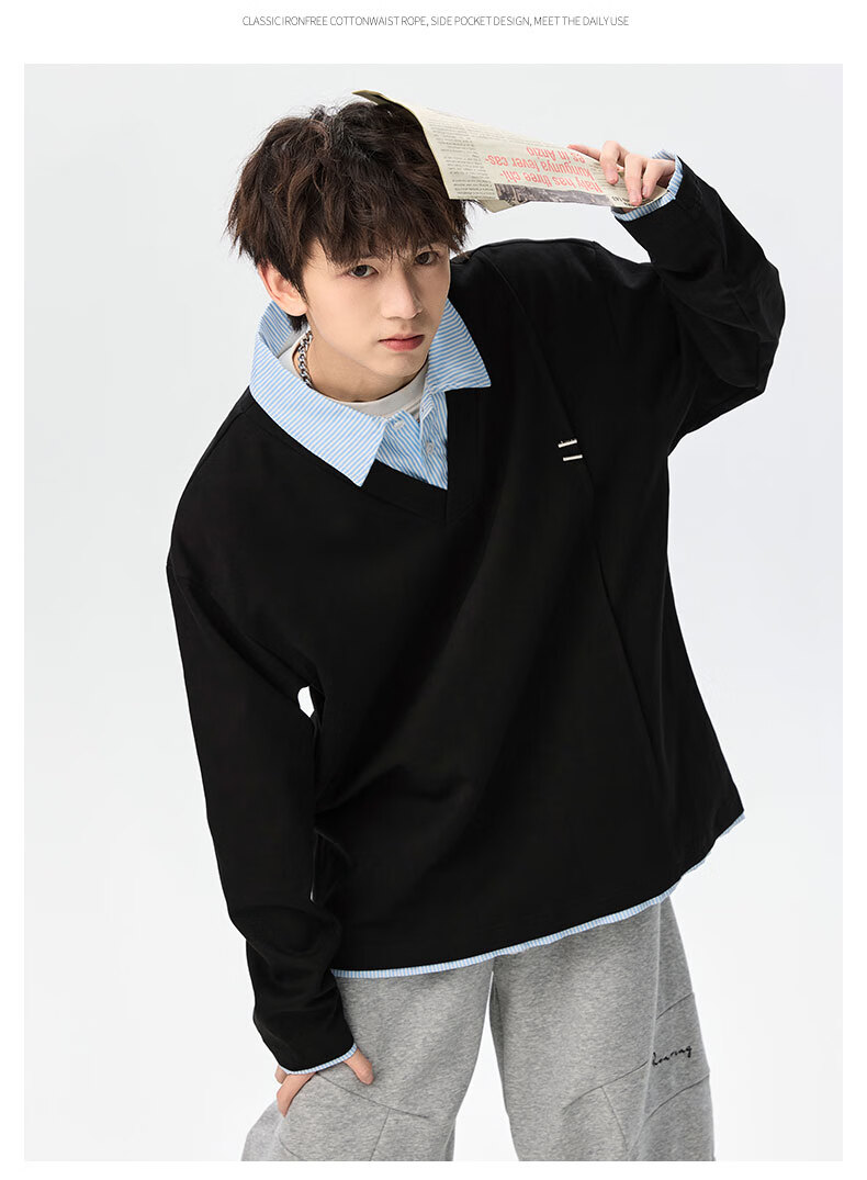 Foss Phil Men's Spring Autumn Colorblock Layered Collar Sweatshirt Casual Polo Shirt YWY1022 Glacier White XL 10