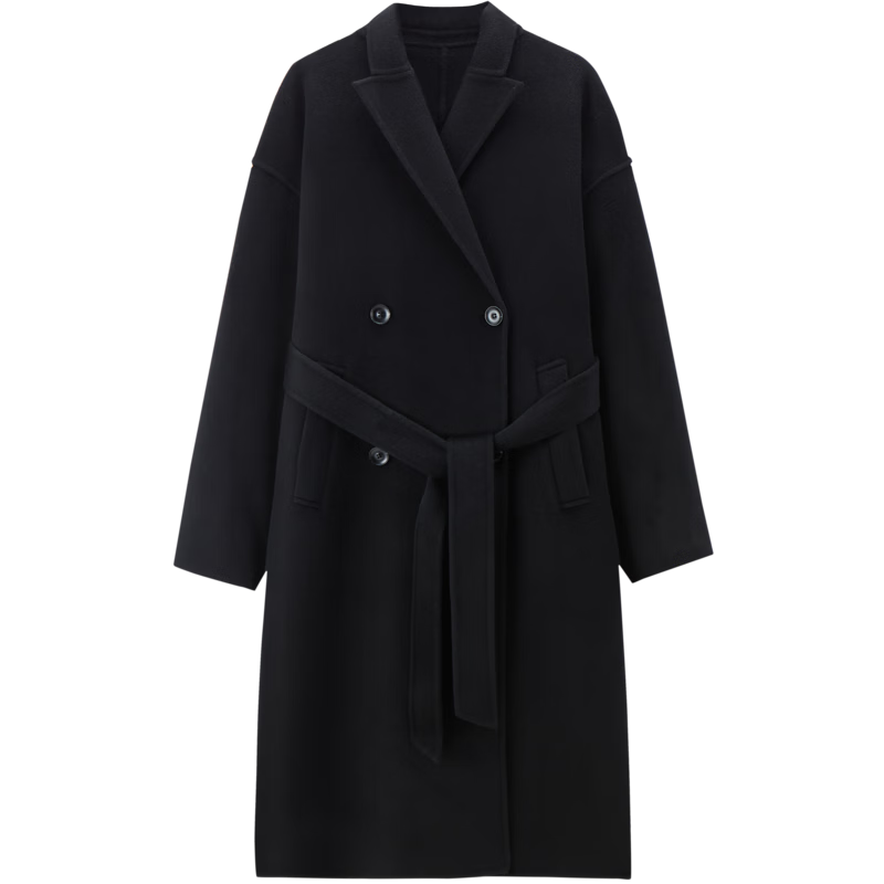 Peacebird Women's Woolen Coat Zhenrong Series Bathrobe Style 2.0 Double-Sided Woolen Jacket D Black S