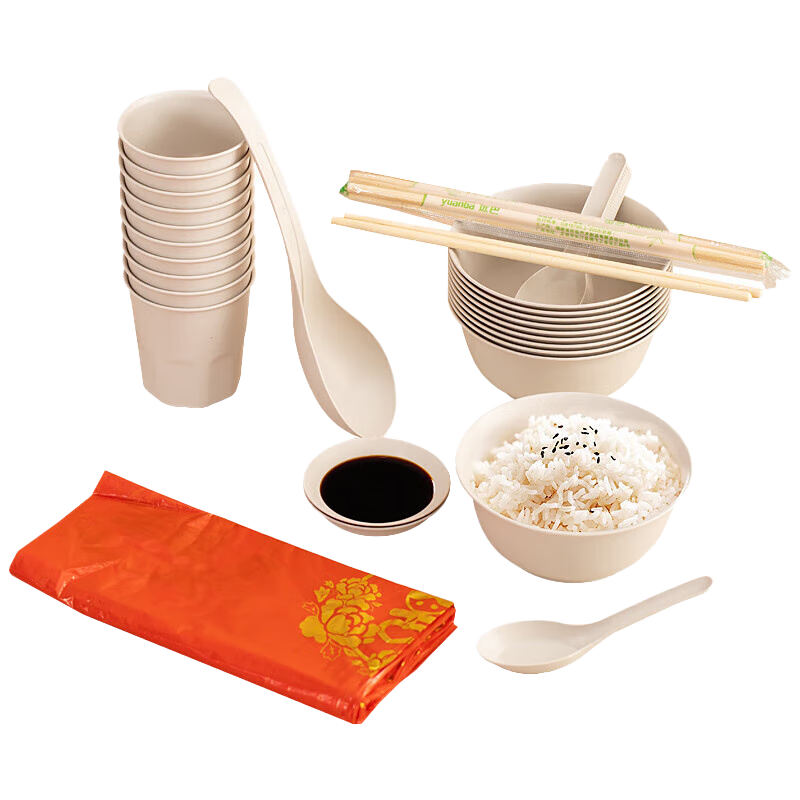 Jiamo Disposable Set: Bowls, Chopsticks, Soup Spoons, Cups, Plates, Picnic Set, Microwave-Safe, Eco-Friendly Rice Husk Tableware for 10 People