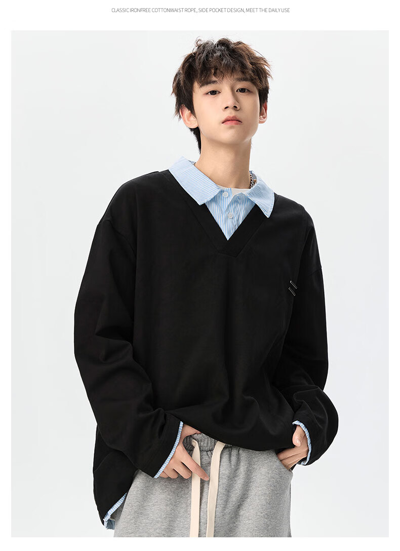 Foss Phil Men's Spring Autumn Colorblock Layered Collar Sweatshirt Casual Polo Shirt YWY1022 Glacier White XL 11