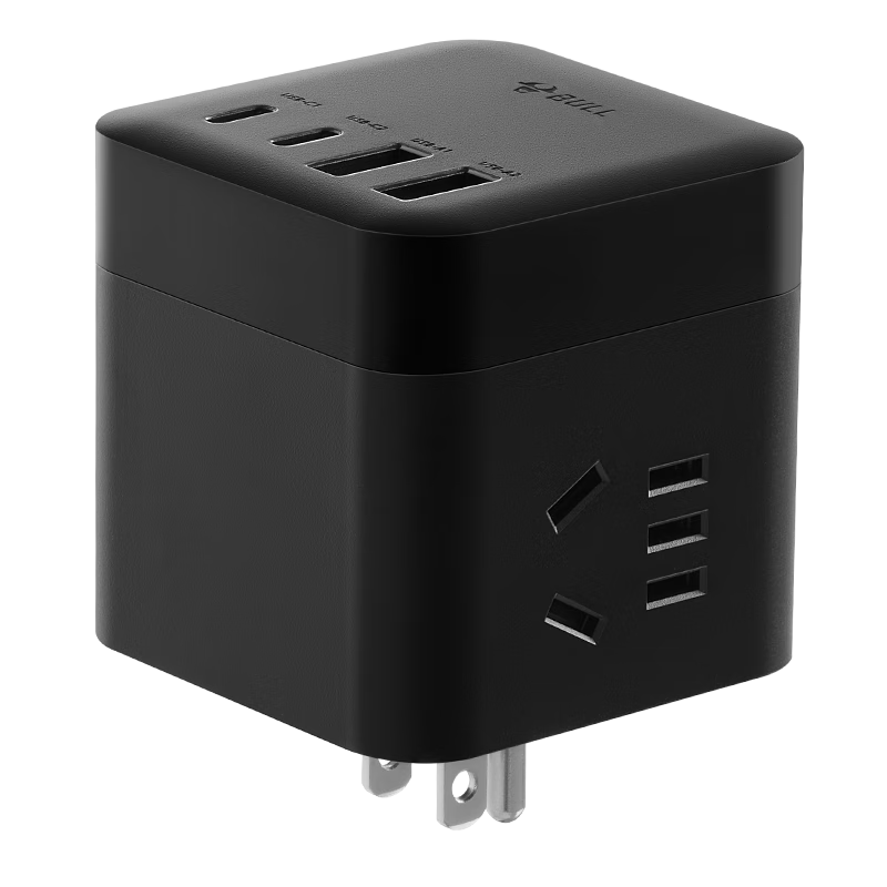 BULL 67W Fast Charging 3-Port US Standard Travel Socket Adapter Cube Converter for USA Canada Philippines Thailand Taiwan M1673AW Black