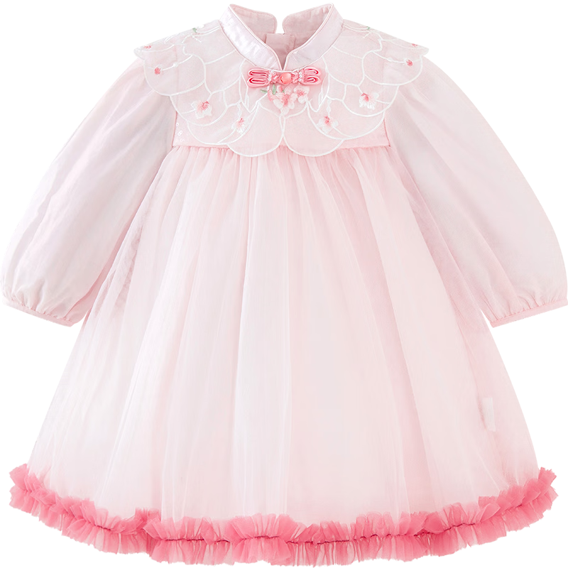 Minibala [Guofeng] Girls Baby Soft Skin-friendly Sweet Mesh Embroidered Dress 2026 Spring