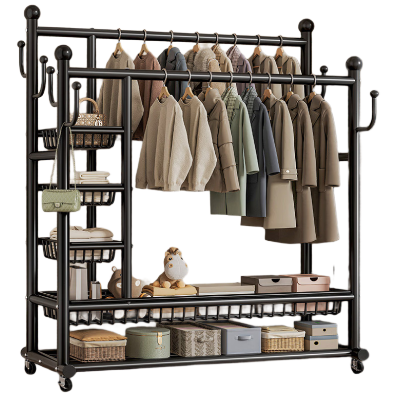 Shunyou Double Rod Floor Clothes Rack with Basket, Multifunctional Indoor Bedroom Garment Hanger, Model SY-437, Black, 150cm