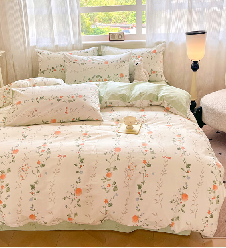 Hodo Pure Cotton 4-Piece Bedding Set 1.5/1.8m Double Bed Printed Cotton Duvet Cover Xinjiang Cotton Bed Sheet 200x230cm Qianxun Floral 11
