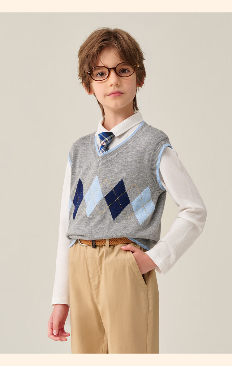 YEEHOO Boys' Vest Children's Knitted Wool Blend Pullover Sweater Spring Blue 130 8