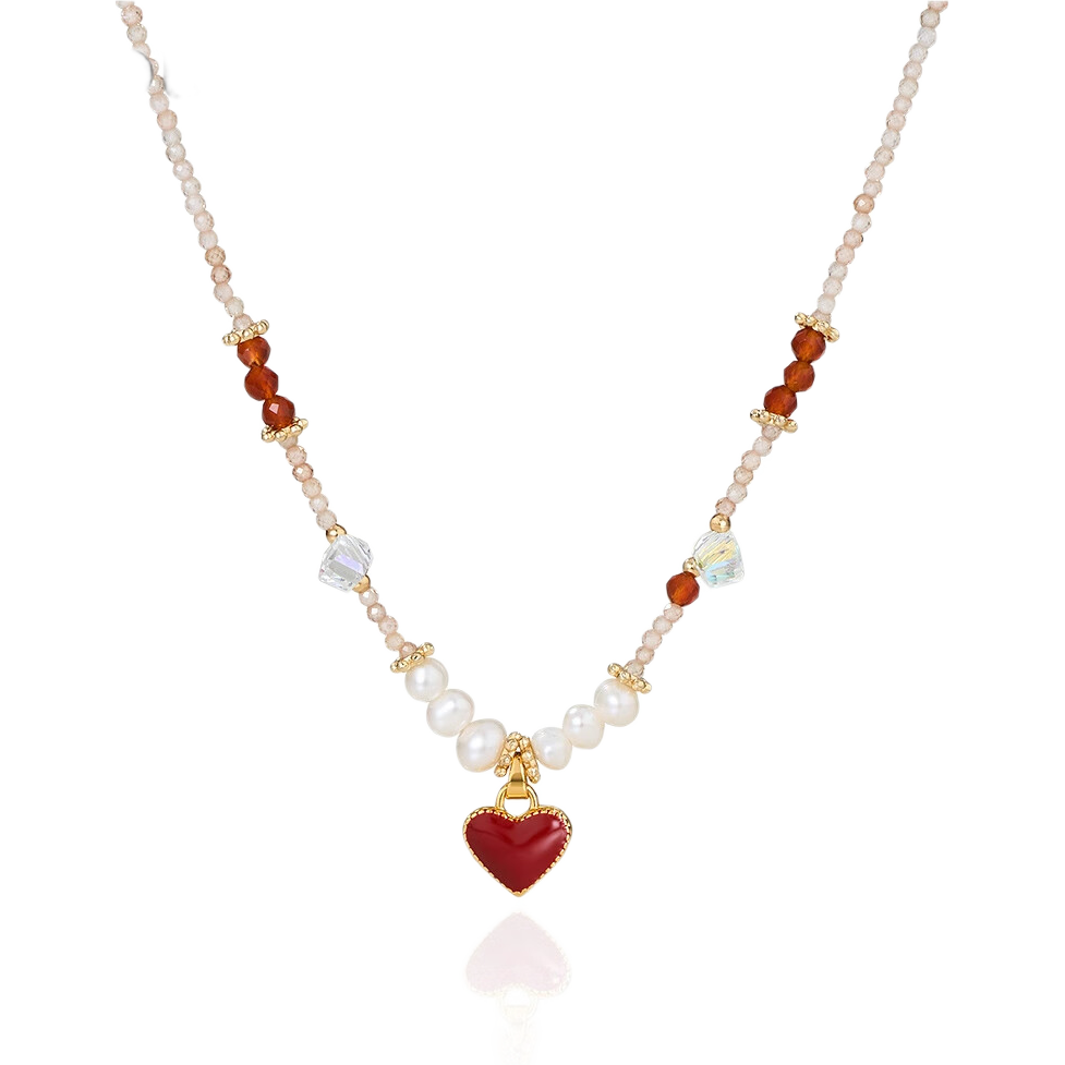 AJIDOU Women's Red Heart Pearl Pendant Necklace, Luxury Knitted Chain, Niche Collarbone Choker for Mid-Autumn Festival