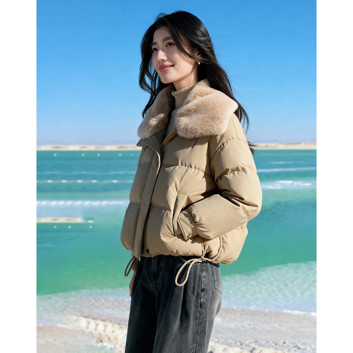 Dme ăWarmth ExpertăWinter 90% Duck Down Faux Shearling Spliced Lapel Piping Triple-Layer Craft Women's Down Jacket