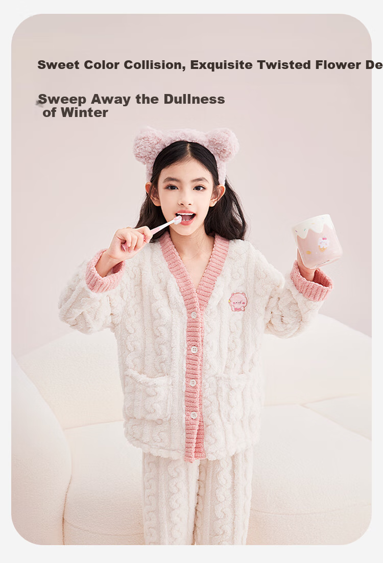 DEESHA (DEESHA) Thickened Double-sided Flannel Girls' Fleece Cardigan Set Spring Autumn Winter Home Wear Pajamas Pajama Pants Can Be Worn Out 5