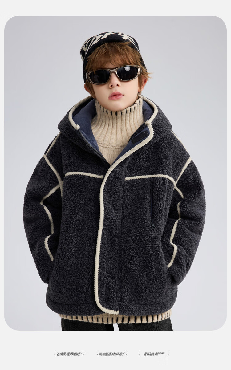 ASK JUNIOR Kids Plush Jacket 2025 Winter Hooded Windproof Coat Boys Casual Loose Fleece 24