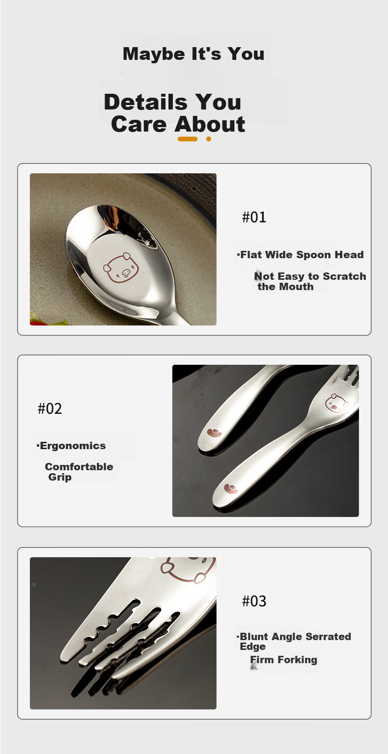 Guangyi 316L Stainless Steel Spoon Children's Fork Spoon Cartoon Spoon Baby Feeding Spoon Training Spoon Baby Tableware GY1279 11