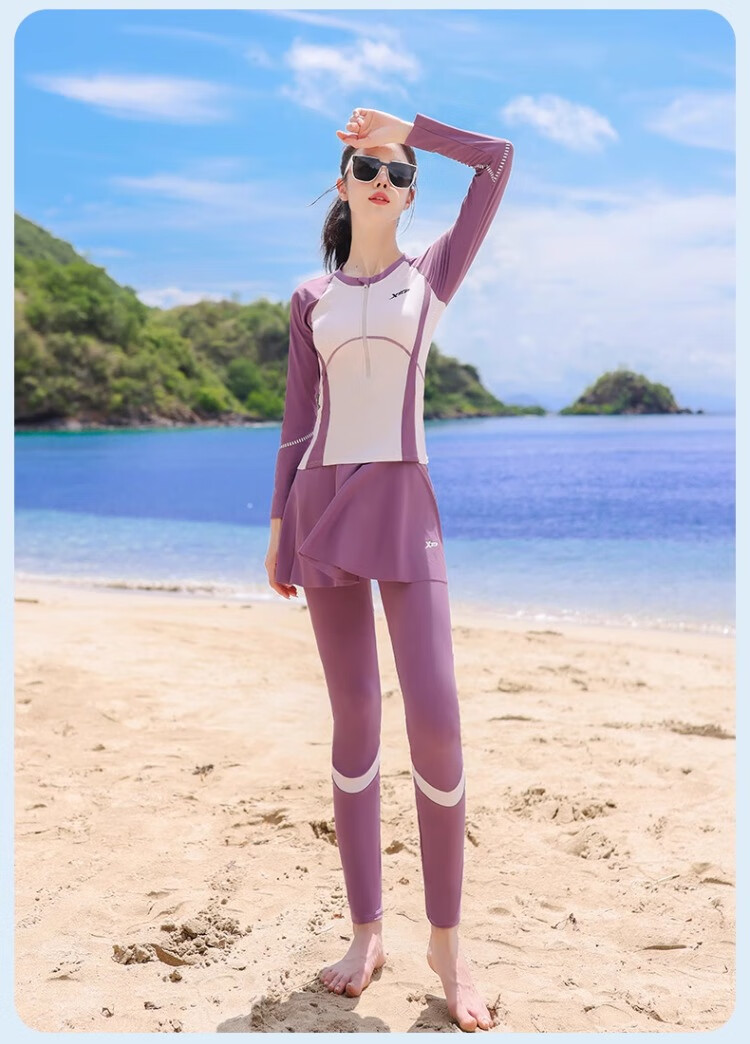 Xtep Women's Swimsuit Three-Piece Set Long Sleeve Long Pants Conservative Sun Protection Plus Size Two-Piece Slimming Tummy Control Diving Surfing Suit 10