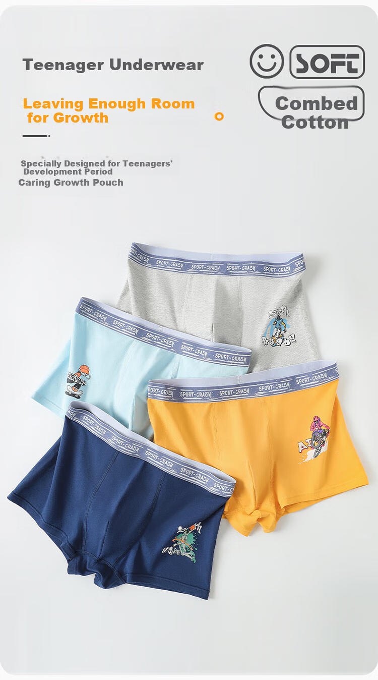 Bingxuemumian Teenage Underwear for Boys, Puberty 12-16 Years Old, Middle And High School Students, Class A Cotton Antibacterial Children's Boxer Briefs 1