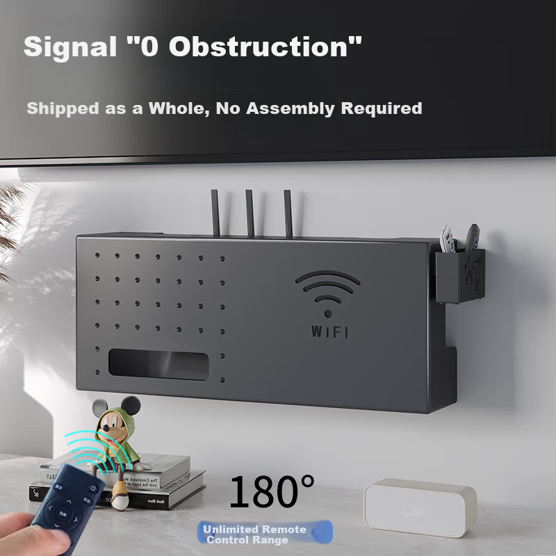 Shuranjia Router Storage Box, Wireless WiFi TV Set-Top Box Shelf, Carbon Steel Black, Size 06
