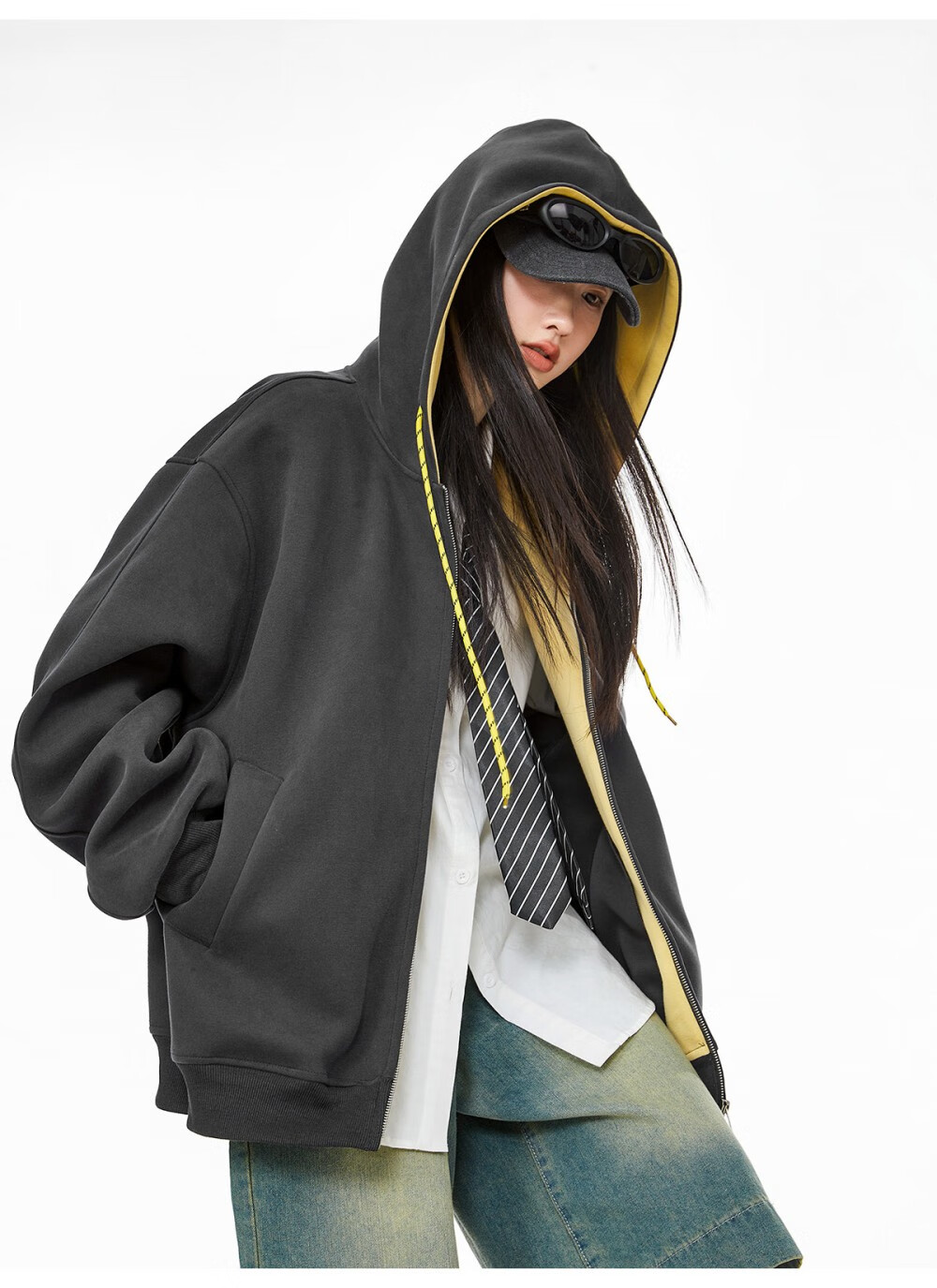 ICH MODE Women's Hoodie American Vintage Loose Fit Zip-up Sweatshirt Spring Autumn New Light Heather Gray L 38