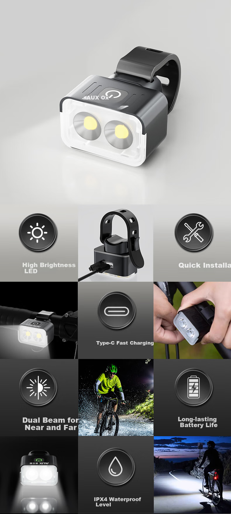 Aokesi Bicycle Front Light, High Beam, Rechargeable, Night Riding Flashlight, Mountain Road Cycling Light, Children's Bike Light, Riding Equipment 2
