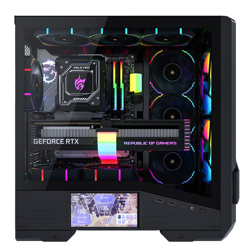VALKYRIE VK05 BLACK ATX Mid-Tower Gaming Desktop Case with 6-inch LCD Touchscreen, LED Display, Dual 16030 Fans, Backplate Support