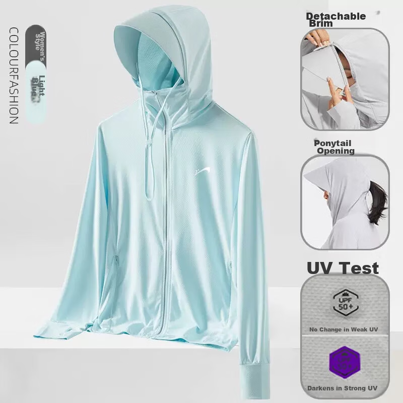 Guirenniao Sun Protection Clothing for Men And Women, Summer Lightweight Breathable Hooded Style for Young Couples, Light Blue [Women's Version], L