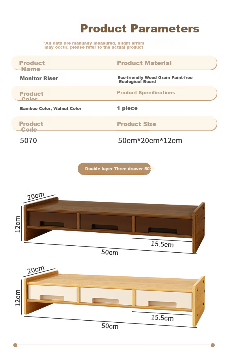 Youbili Computer Riser Desk File Cabinet, Wooden Height-Increasing Table, Multifunctional Office Desk Keyboard Storage Monitor Riser Base Laptop Storage Rack, 5070 Walnut Color 3