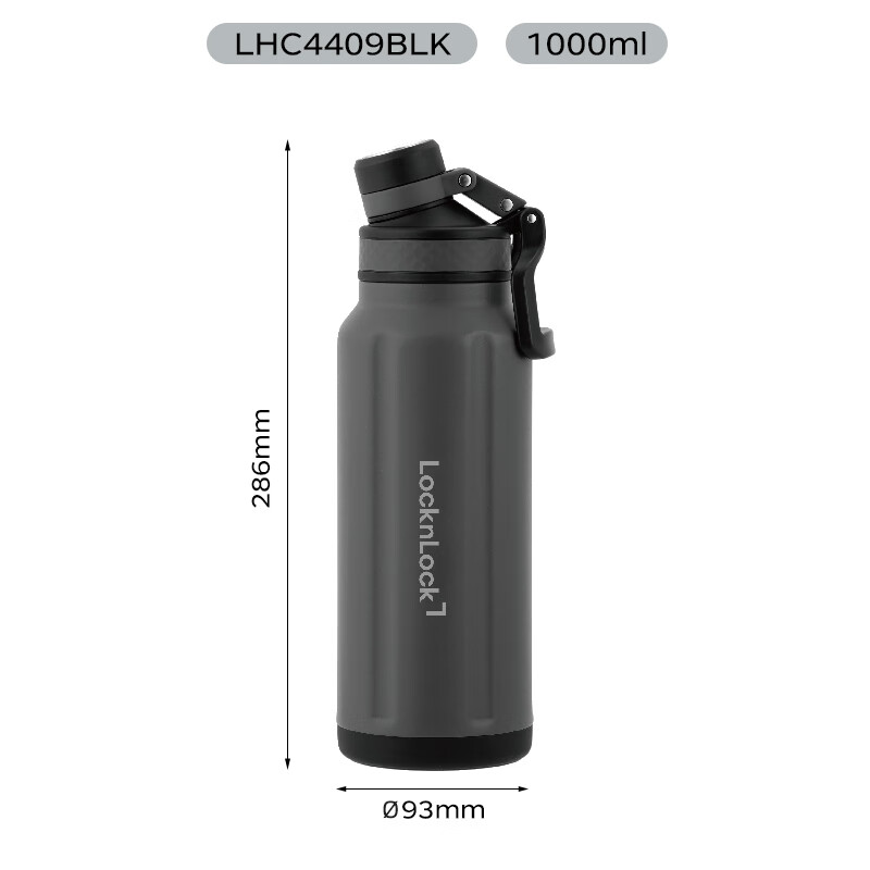 LOCK&LOCK Exploration 316L Insulated Thermal Mug Outdoor Portable Large Capacity 1L Water Bottle Black
