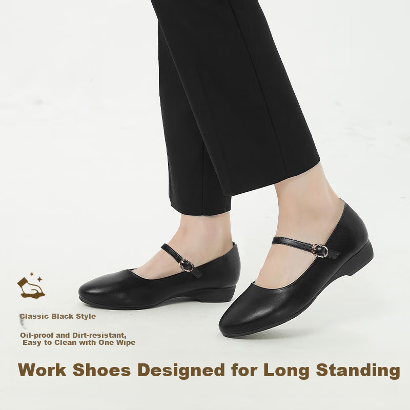 Chuwang Women's Flat Chef Shoes, Waitress Standing Work Shoes, Non-Slip Soft Sole Kitchen Shoes, 2005 Black, Size 35