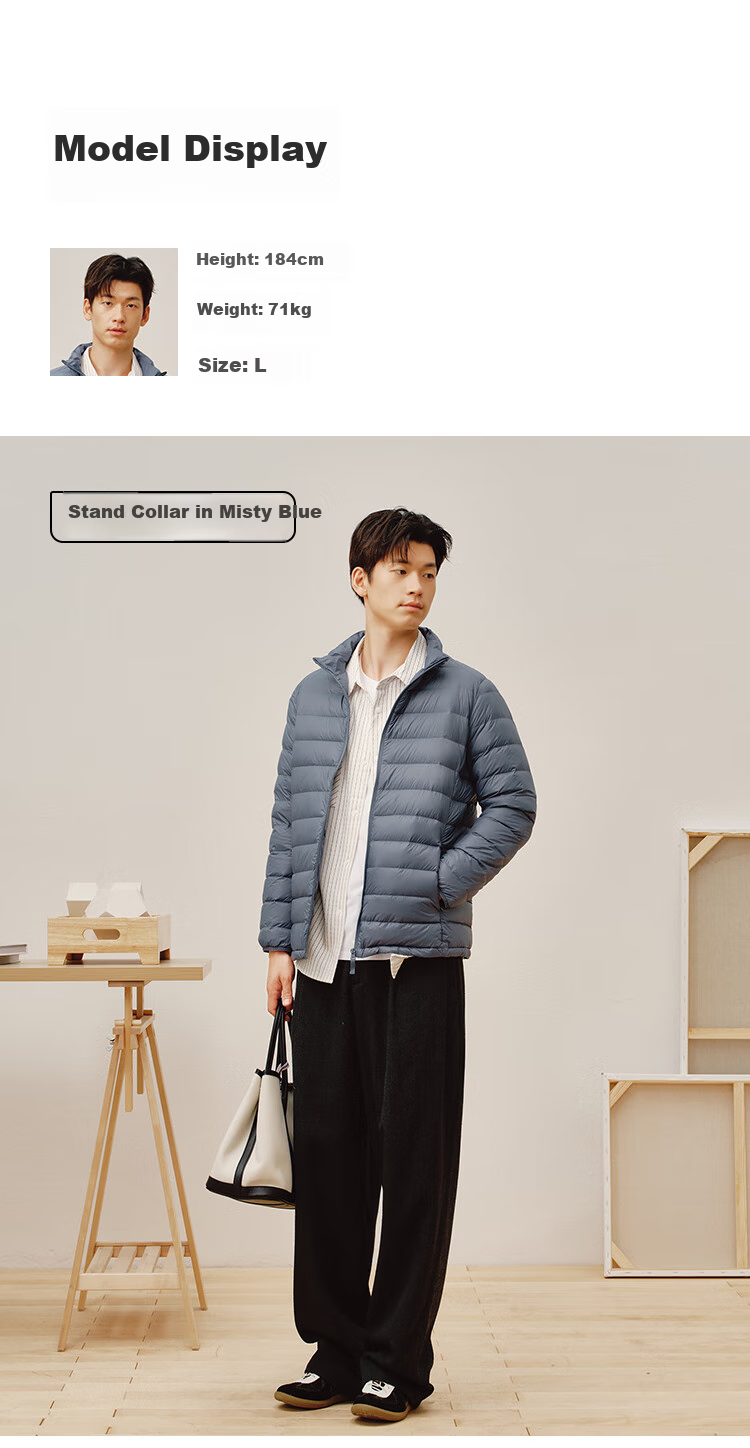 JD Original [Air Zero Pressure down] Lightweight down Jacket for Men, Winter Stand Collar, 90% Duck Down, Light Mist Blue, Size S 17