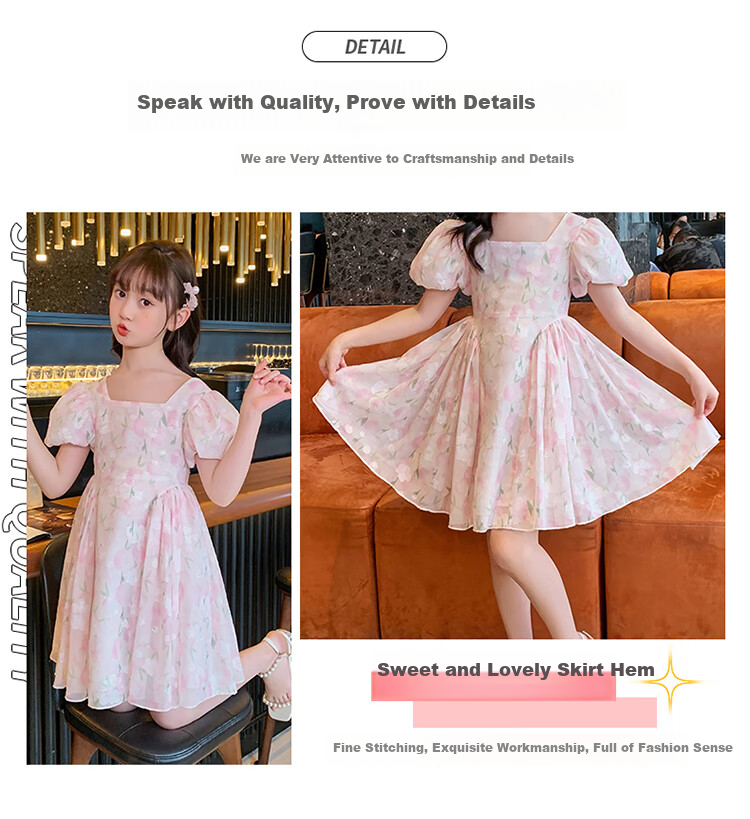 Baminuo Girls' Summer Dress, New Korean Style Children's Fashionable Thin Princess Dress for Older Kids, Pink, Size 120 2