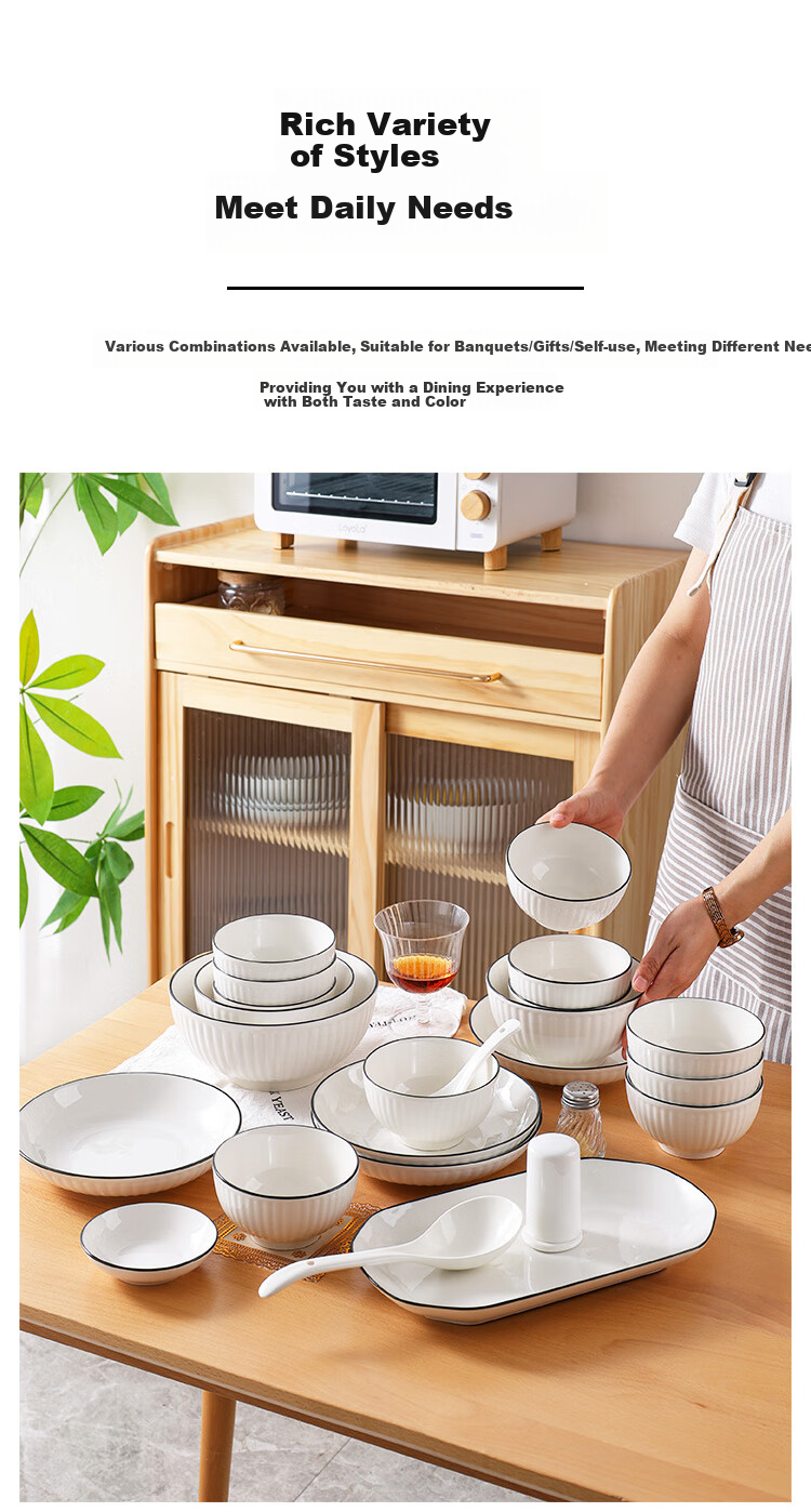 Hechuanwu 24-Piece Underglaze Color Ceramic Dinnerware Set with Vertical Black Lines - Bowls and Plates for Home Use, Housewarming Gift 4