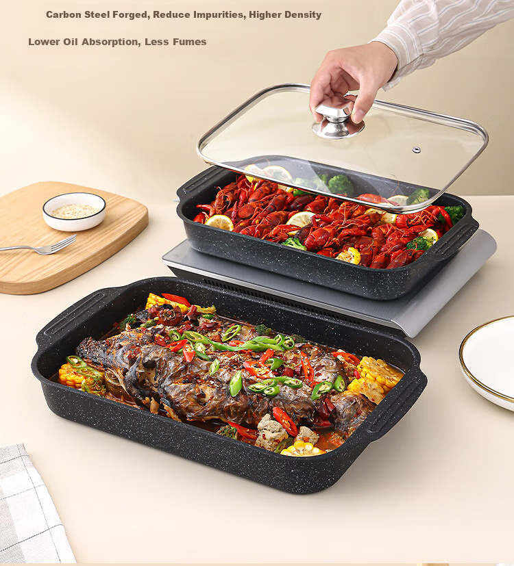Vnash Deep Square Fish Grilling Plate, Steaming And Baking Fish Pan, Snack Plate, Barbecue Grill, 40cm, Carbon Steel 10