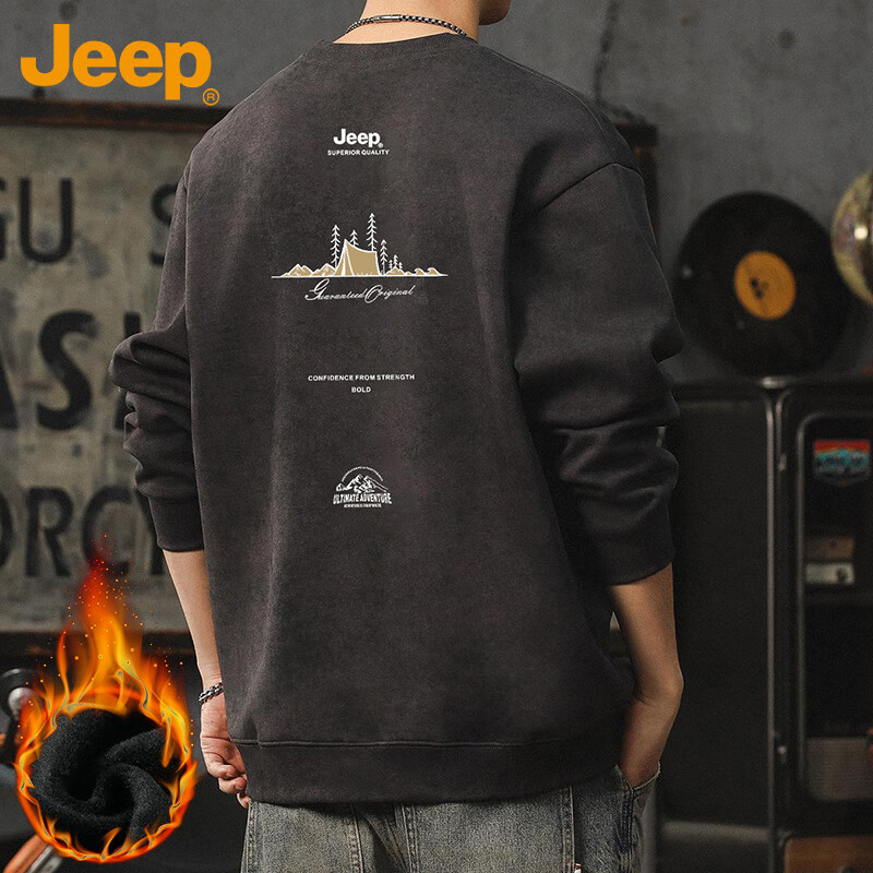 JEEP Men's Autumn Winter American Style Long Sleeve Crew Neck Fleece Lined Casual T-Shirt Black XL