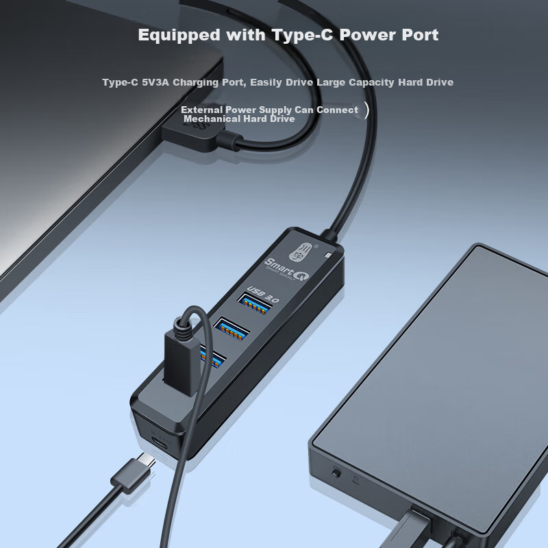 Chuanyu USB3.0 Hub Expansion Dock, High-Speed 4-Port Hub Expansion Dock, Laptop Adapter Converter Extension Cable 100cm with Type-C Power Supply