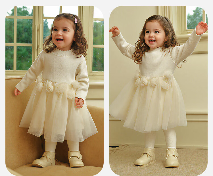 Minibala Girls Dress Baby Tulle Skirt Sweet Children's Half Turtleneck Princess Dress 2025 Winter 3