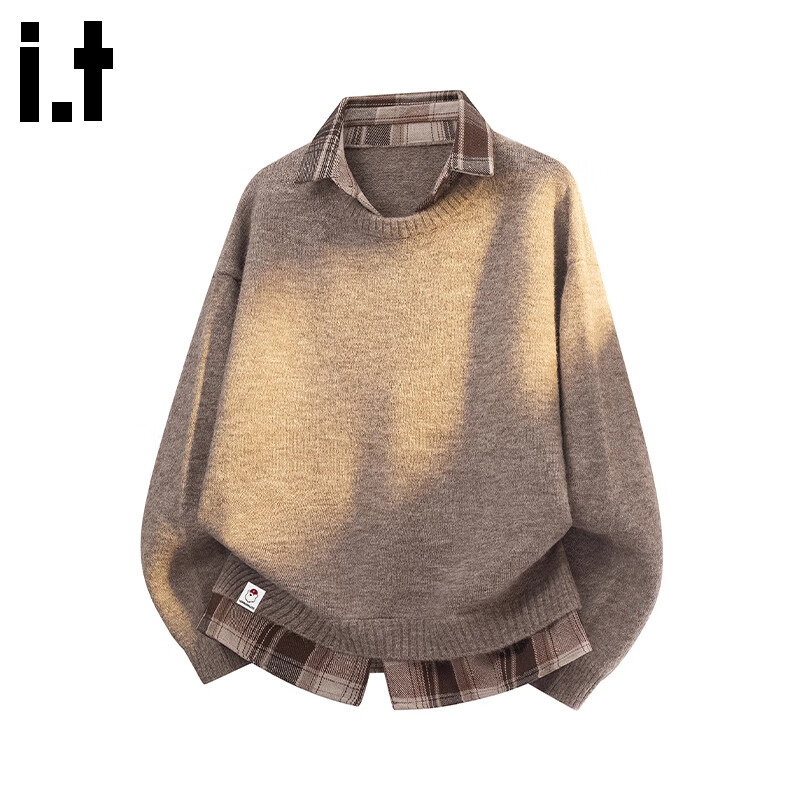 :CHOCOOLATE Men's Sweater Spring Autumn New Fake Two-Piece Knit Jacket Loose Fit Long Sleeve Sweater Brown Camel XL