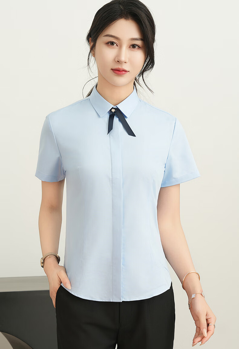 ROMON [Bamboo Fiber] Wrinkle-Resistant Short-Sleeve Shirt for Women, Slim-Fit Business Professional Formal Wear, Commuter Work Uniform Top Blouse 11